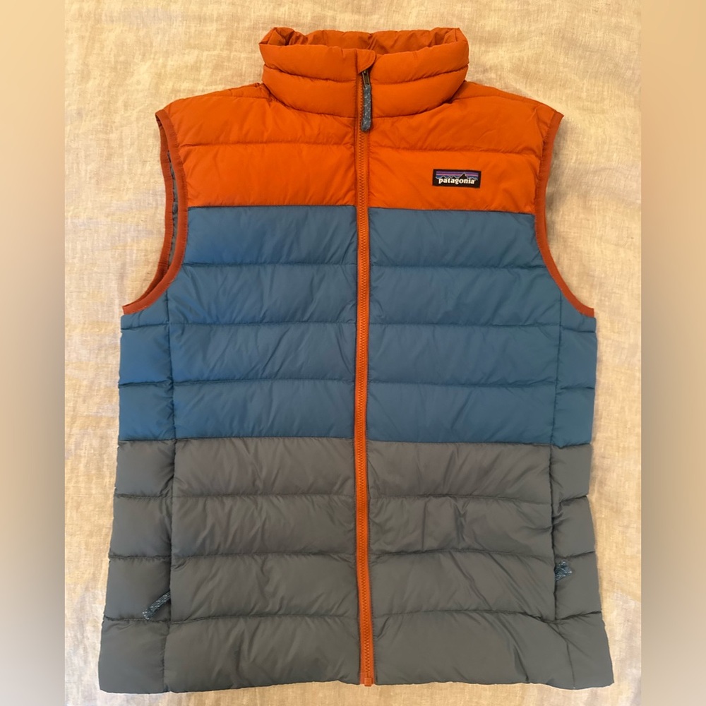 Patagonia Kids Down Orange and Blue Puffer Vest XXL 16-18 EUC